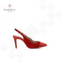 Heeled combined red shoe open in the ankle